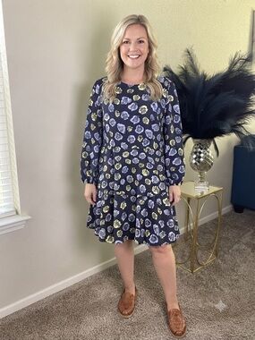 LOFT Outlet Navy Blue Floral Long Sleeve Drop Waist Dress Size Large